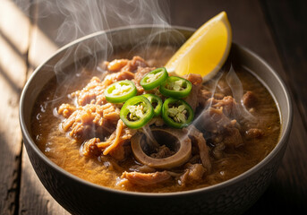 Steaming Bowl of Nihari or Paya with Bone-In Meat, Marrow Center, Lemon and Green Chili Garnish

