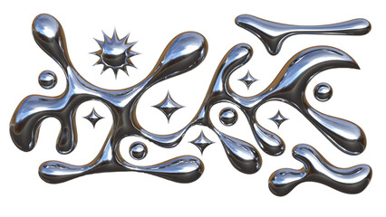 3D Chrome Liquid Fluid Abstract Metallic Shapes with Star Elements on Transparent Background for...