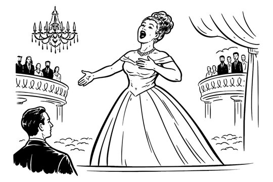 Elegant opera singer performing on stage in a classic theater setting