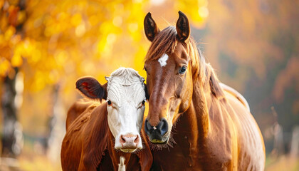 Brown horse standing with a cow in autumn, closeup. AI