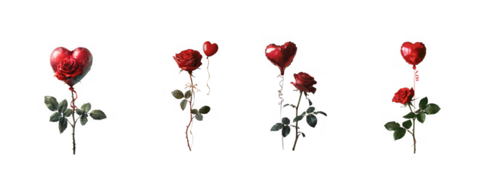 Red heart balloons and roses arranged in a line on transparent background
