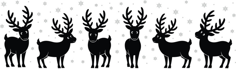 Christmas reindeer silhouettes with snowflakes, winter holiday decoration illustration, cute deer characters isolated on white background vector flat design art © Monoarul