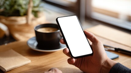 Hand holding smartphone with blank screen during business meeting