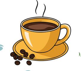 Obraz premium Hot Coffee Cup with Steam and Coffee Beans Flat Vector Illustration for Cafe Branding, Beverage Menus, Morning Drink Concepts, and Packaging Design