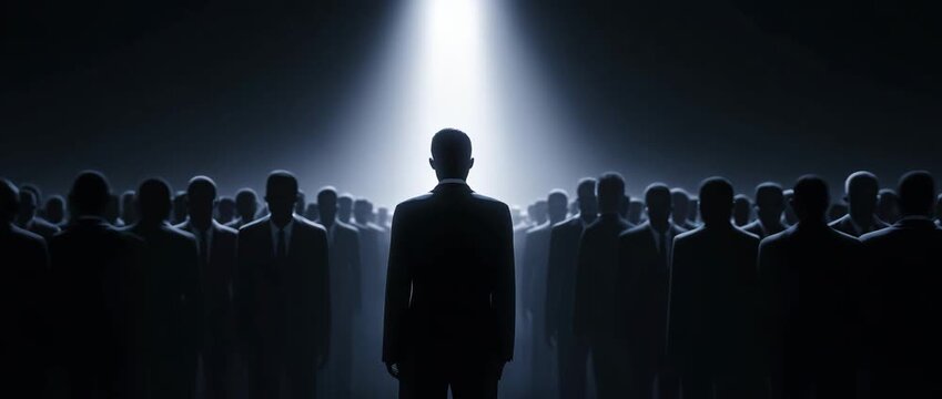 Single glowing human figure standing out among a vast crowd of dark silhouettes, leadership