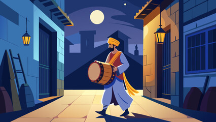 Traditional Musaharati drummer walking in an old alley at night, beating a drum to wake people for Suhoor, silhouette vector style.