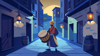 Traditional Musaharati drummer walking in an old alley at night, beating a drum to wake people for Suhoor, silhouette vector style.