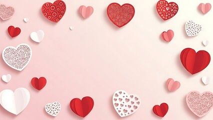 Variety of Decorative Paper Hearts on a Soft Pink Background