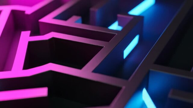 Abstract maze structure with pink and blue lighting creates a complex geometric design.