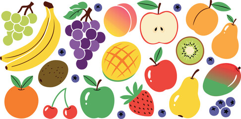 Brightly colored fruits including bananas, apples, oranges, grapes, and kiwi Background