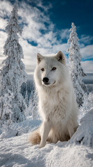 Obraz premium White arctic wolf on picturesque winter forest background. Endangered species and polar animal concept. Wildlife shot for wallpaper, poster