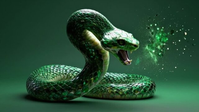 Attack of an emerald green snake on a green background with glitter. Mystical wild animal with 3D effect.