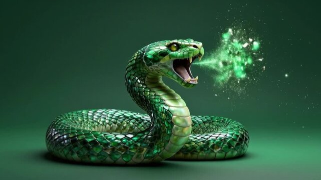 Stylized emerald green cobra spitting mystical green energy particles against a dark studio background