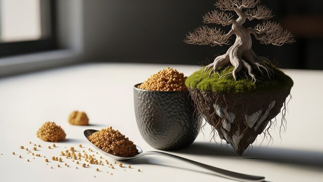 Surreal composition with a floating bonsai tree and a cup of golden mustard seeds