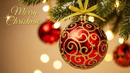 merry christmas card with hanging ball decoration

