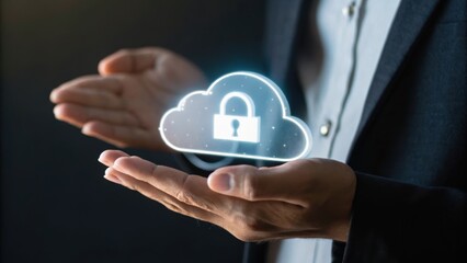 A person holds a digital cloud symbol with a padlock, representing online security and data protection.