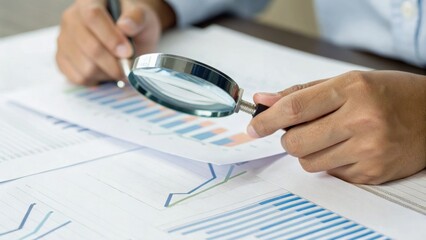 A person examining financial charts with a magnifying glass, focusing on data analysis and attention to detail.