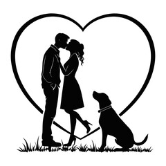 Romantic couple with dog silhouette