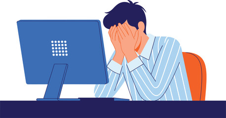 Stressed Office Worker Facing Computer with Burnout, Work Pressure, Mental Fatigue, and Job Stress Concept Flat Vector Illustration