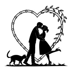 Romantic couple with cat in heart frame