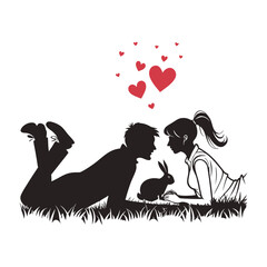 Couple with rabbit in heart-shaped field