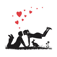 Romantic couple in silhouette with hearts