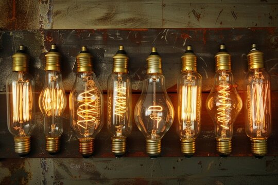 Glowing vintage light bulbs arranged in a row on a rusty metal background, showcasing different filament designs - Powered by Adobe