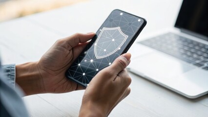 A person holds a smartphone displaying a shield graphic, suggesting themes of security and technology, with a laptop in the background.