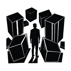 Silhouette of Man Surrounded by Floating Cubes 