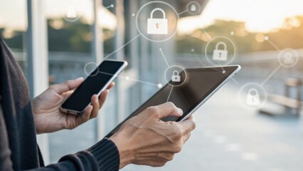 Hands holding a smartphone and tablet, displaying symbols of digital security and connectivity in a modern setting.