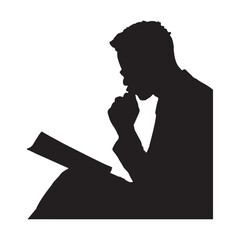 Silhouette of Man Reading Book with Finger on Chin studying
