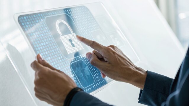 A hand interacting with a transparent digital interface displaying a padlock symbol, symbolizing security and technology. - Powered by Adobe