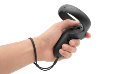 Male hand holding black virtual reality game controller with safety wrist strap isolated on transparent background