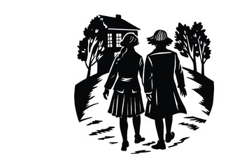 Two Children Walking Towards a House with Trees 