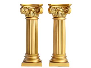 Pair of luxury golden ionic columns with fluted shafts and scroll capitals standing on square bases isolated on transparent background