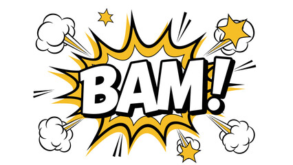 Comic explosion sound effect "BAM!" with stars and smoke clouds, isolated white background © Kebo