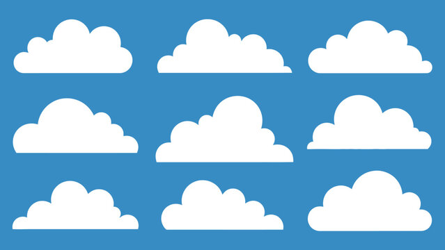 Collection of white fluffy clouds in flat design style on a bright blue sky background