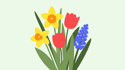 Vibrant spring flower bouquet with yellow daffodils, red tulips, and blue hyacinths on a light green background.