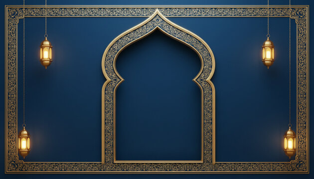 Elegant Islamic archway with golden lanterns on blue background - Powered by Adobe