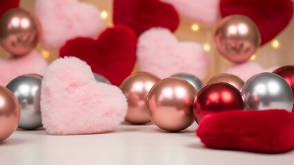 Fototapeta premium Romantic Hearts Metallic Spheres Valentine's Day Celebration Decor Isolated background