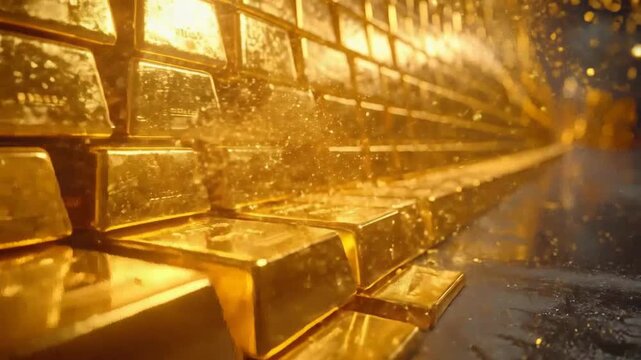 Stacked bars of shiny metal glimmer in a golden light, conveying wealth.