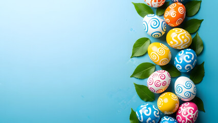 Happy easter eggs decorated with colorful patterns on blue background