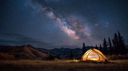 Camping tent illuminating a field under milky way