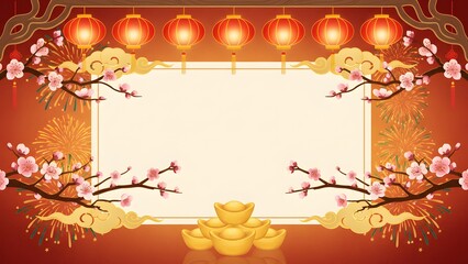 Chinese New Year Background Template with Red Lanterns, Cherry Blossoms, Gold Ingots, and Fireworks for Festive Greeting Cards