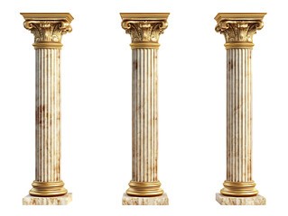 Obraz premium Three luxurious marble columns with golden corinthian capitals and bases standing on textured stone plinths isolated on transparent background
