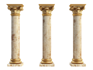 Three luxurious marble columns with golden corinthian capitals and bases standing on textured stone plinths isolated on transparent background