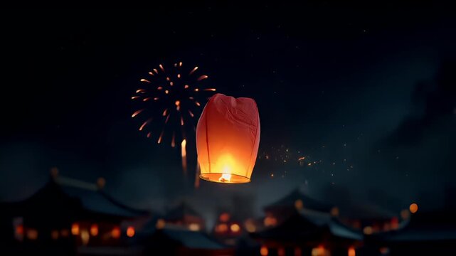 Chinese lunar new year holiday celebration. Spring festival tradition. Chunjie. Asia. A vivid, highresolution digital artwork featuring a red paper lantern floating in the night sky.