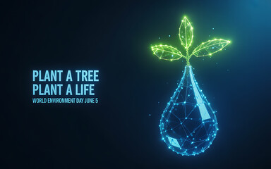 A futuristic glowing polygonal plant sprouts from a shimmering water drop with an environmental message