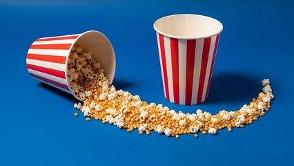 Popcorn spilling from a red and white striped bucket