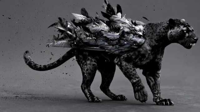 Black winged panther on a monochrome background. Creature resembling the sphinx from Greek mythology, black on a gray background | Animorph